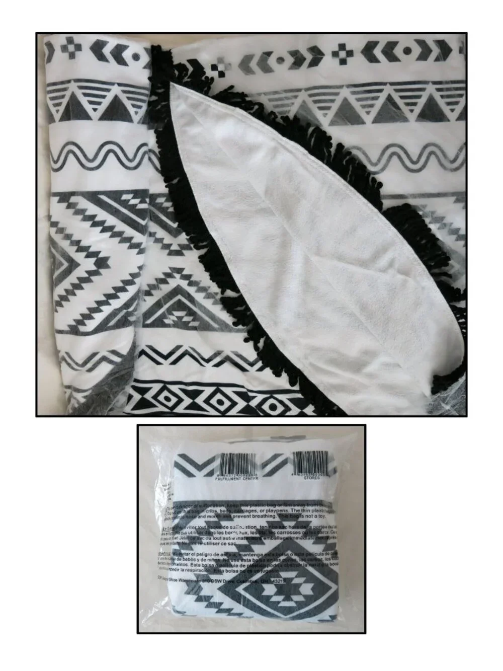 NEW DSW round Beach Blanket Towel Wrap Black & White with Black Fringe 60